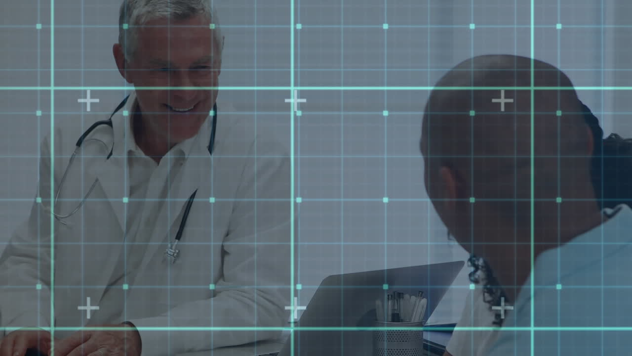 Digital animation highlights global medical research with a doctor consulting a family.