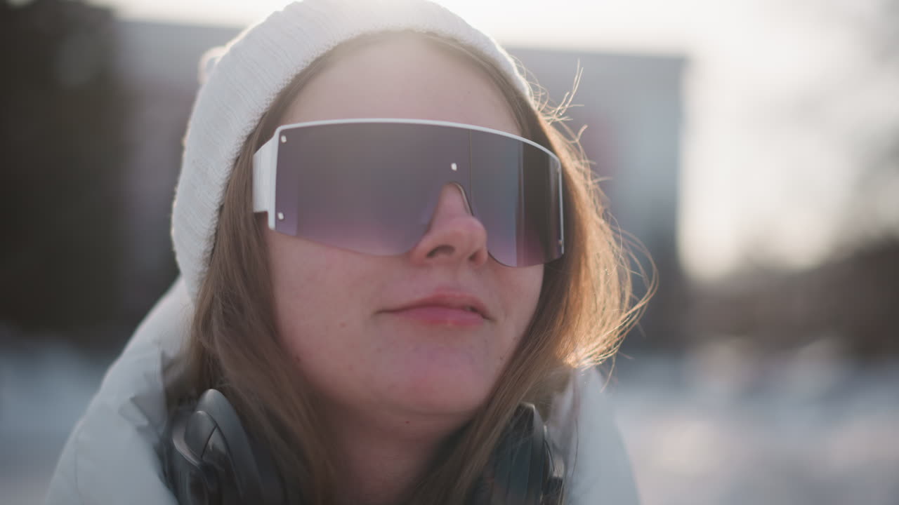 Young woman adjusting tinted goggles over white beanie with blissful smile and wind and blown hair against snowy urban skyline under bright winter sunshine glinting off frosted streets