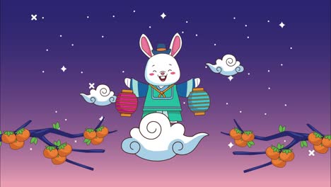 chuseok feliz celebrando con el conejo levantando linternas en las nubes