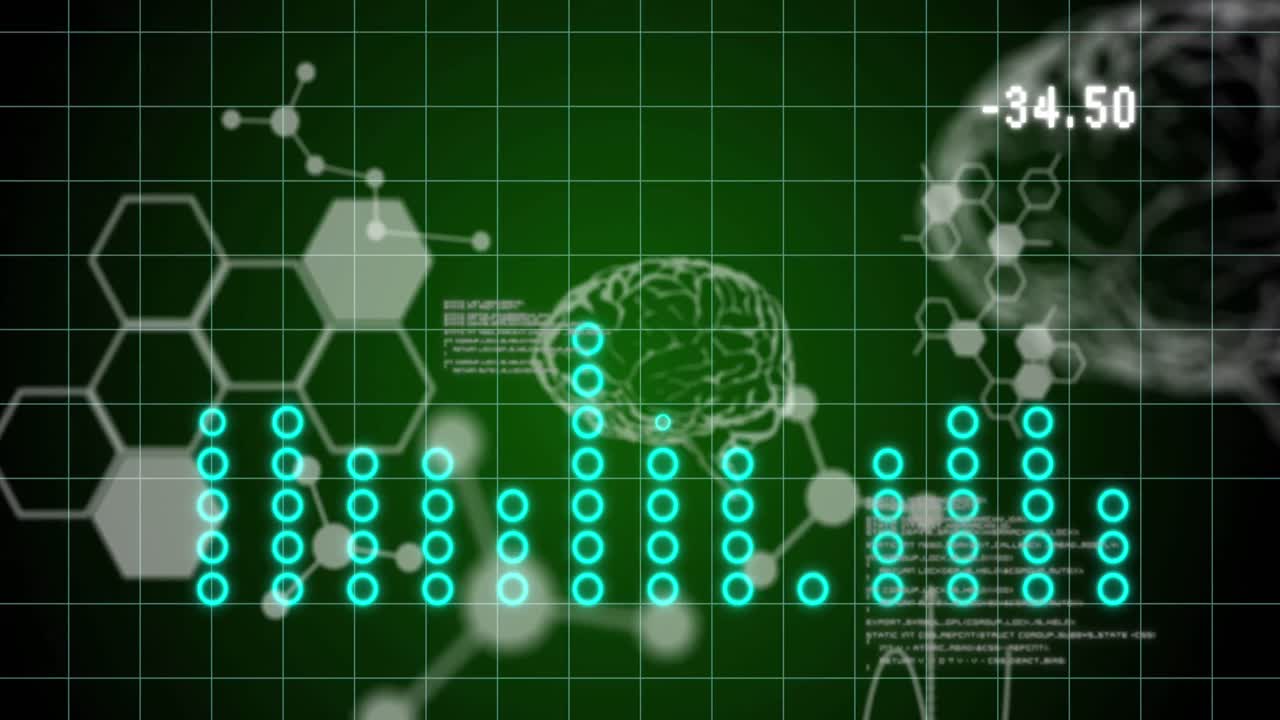 animación de gráficos, cerebros y fórmulas químicas en fondo verde