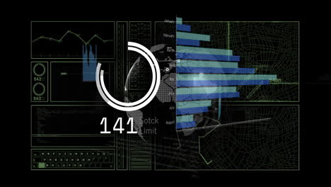 Animation of data processing and diagrams with globe on black background