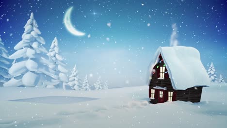 Animation-of-house-and-christmas-decoration-over-winter-scenery-with-snow-falling
