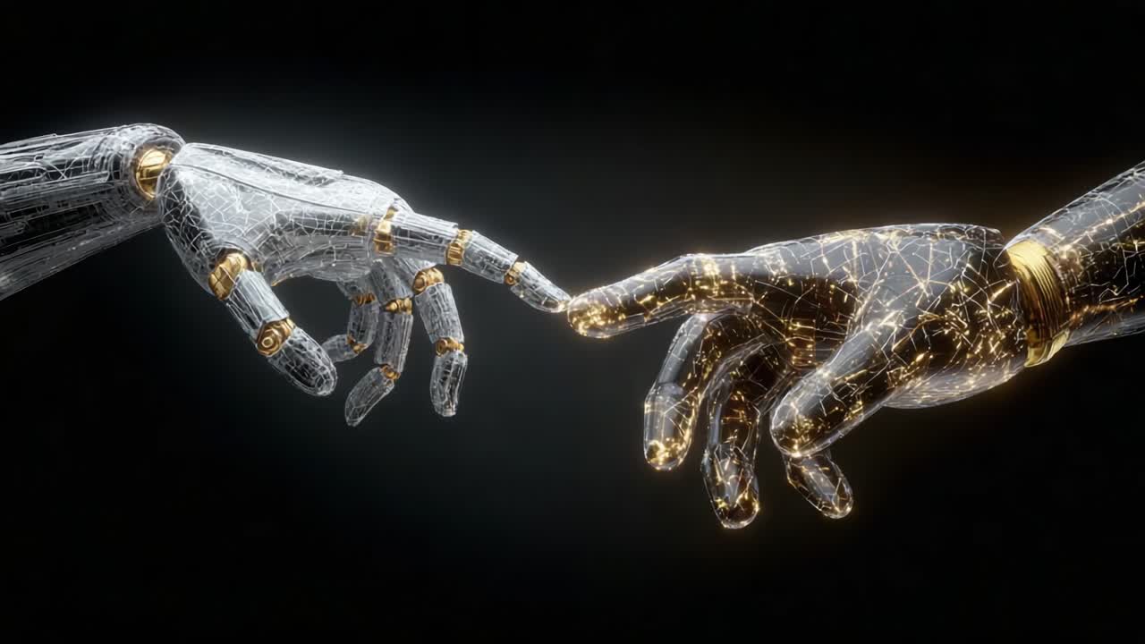 An intricate representation of human and robotic connections, showcasing two hands reaching out, symbolizing the intersection of technology and humanity, in a visually stunning digital art form