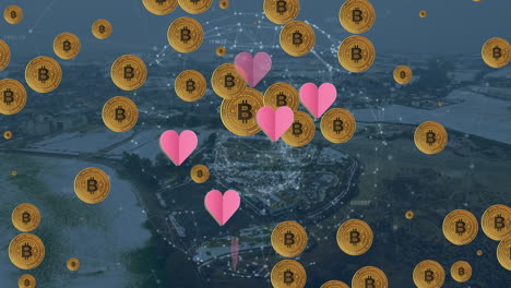 animación de iconos de corazón rosa y símbolos de bitcoin a través de la red de conexiones contra el paisaje urbano
