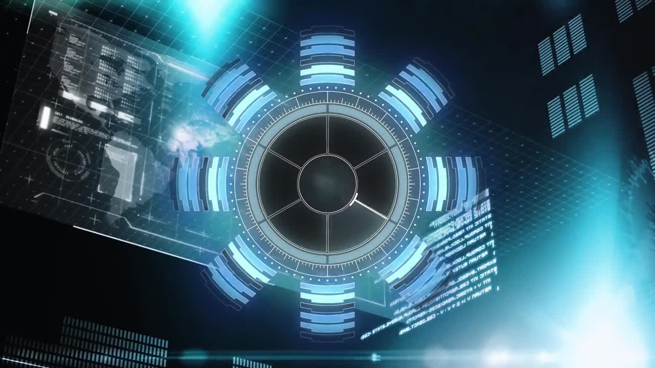 검은 바탕에 데이터 처리를 가진 디지털 인터페이스에 대한 둥근 스캐너