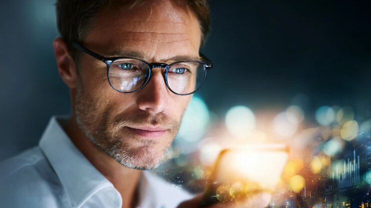 En fokuseret, professionel mand med briller undersøger sin smartphone, der er oplyst af byens lys og digitale visuelle elementer, hvilket skaber en atmosfære af teknologi, koncentration og modernitet i et travlt miljø