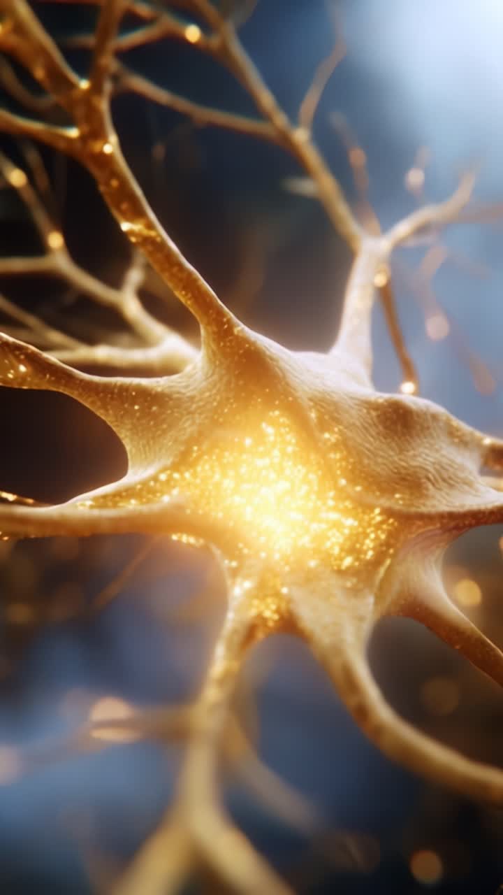 Detailed Close-Up of a Glowing Neuron Structure Highlighting Synaptic Connections and Intricate Biological Composition in a Stunning Microscopic View