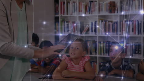 learning in library, children with digital network connections animation overhead