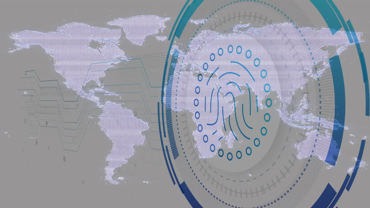 디지털 인터페이스와 대륙에 대한 데이터 처리 애니메이션을 가진 세계 지도