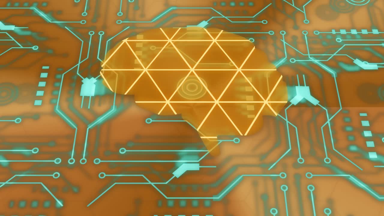 animación del cerebro humano, conexiones y procesamiento de datos a través de una placa de circuitos