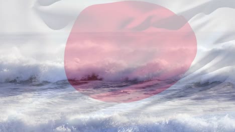 Animation-of-flag-of-japan-blowing-over-waves-in-sea