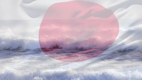 animation of flag of japan blowing over waves in sea