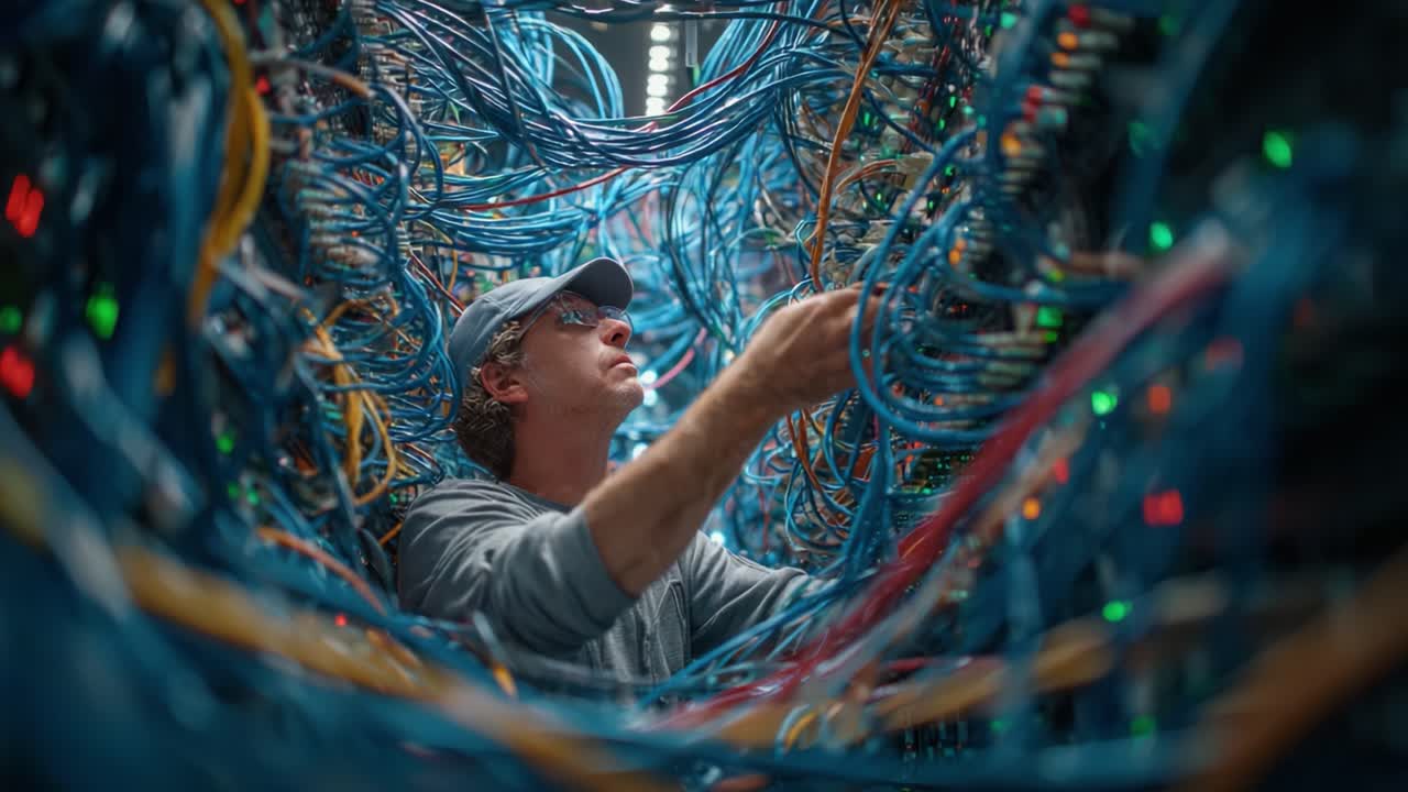 A Technician Navigating Complex Cable Networks, Carefully Managing and Organizing Thick Bundles of Colorful Wires in an Intricate Equipment Environment