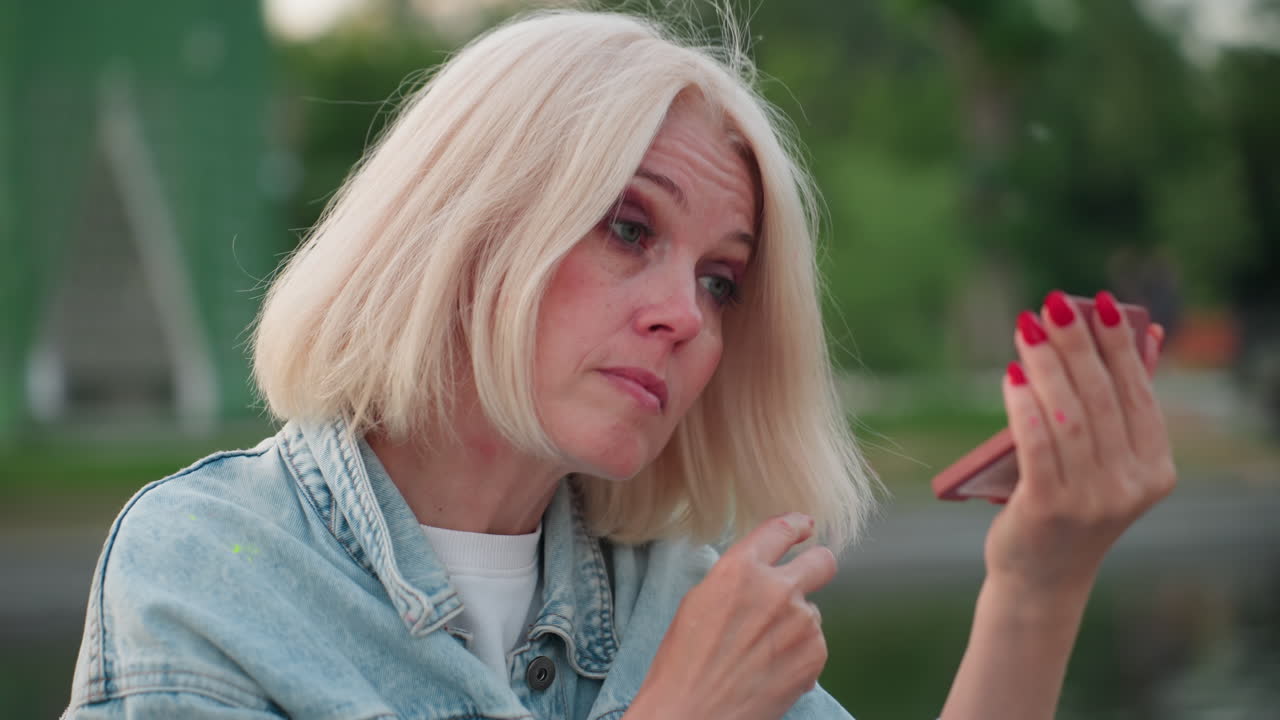 mature woman adjusts eye makeup and cleans paint smudges on nose with compact mirror outdoors by river in park, denim jacket, red nails, green blurred scene, beauty routine at golden hour dusk