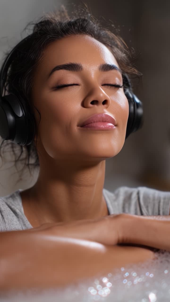 Una giovane donna rilassata che ascolta musica rilassante con le cuffie, incarnando pace e serenità in un'atmosfera confortevole mentre è immersa in una luce soffusa