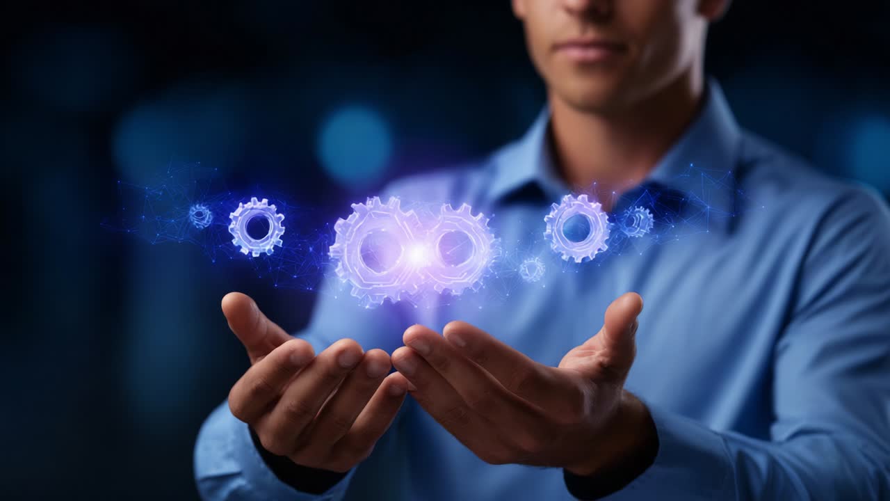 A man in a blue shirt demonstrates a futuristic concept of technology and innovation, showcasing glowing gears and machinery coming to life in his hands, symbolizing progress and creativity in a digital age