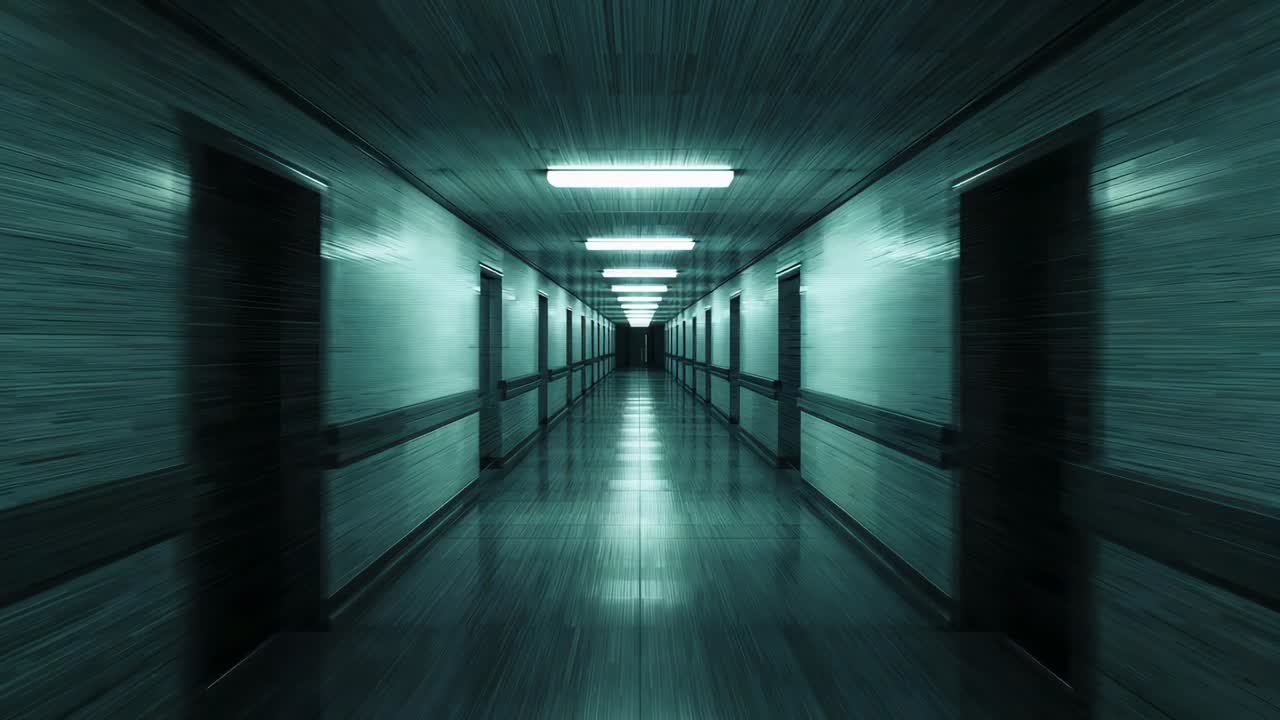 Moving camera starting forward down clinical corridor in clinic, lights reflecting toward dark exit