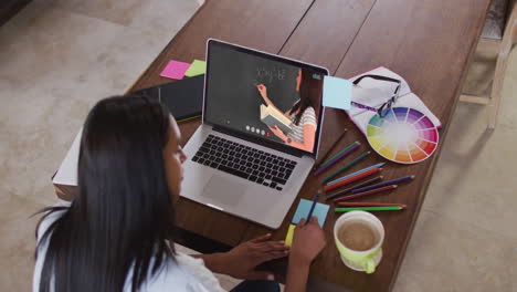 estudiante caucásica usando una computadora portátil en una videollamada con una maestra, tomando notas
