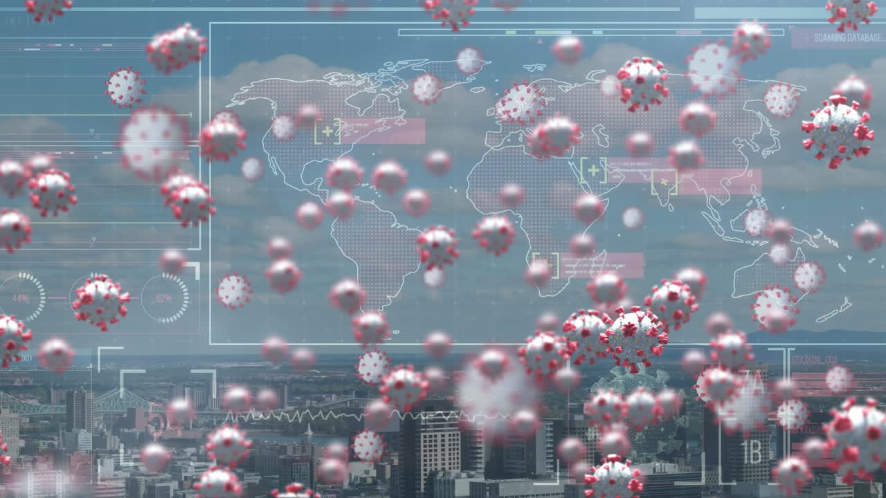 세계 지도와 도시 풍경 위에서 회전하는 바이러스 세포의 애니메이션