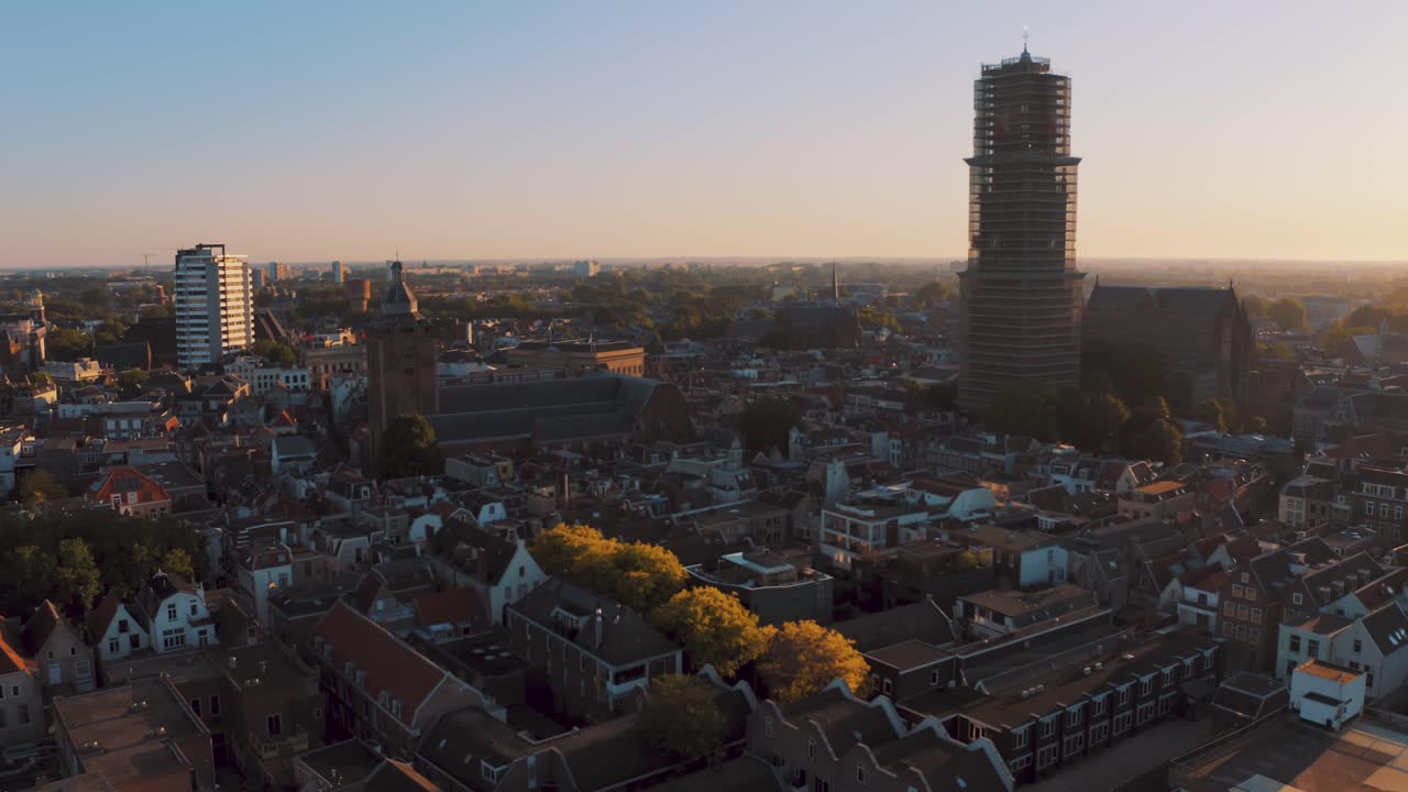 Utrecht medieval european city center with dom tower under renovation, empty town centre because of Corona lockdown measures