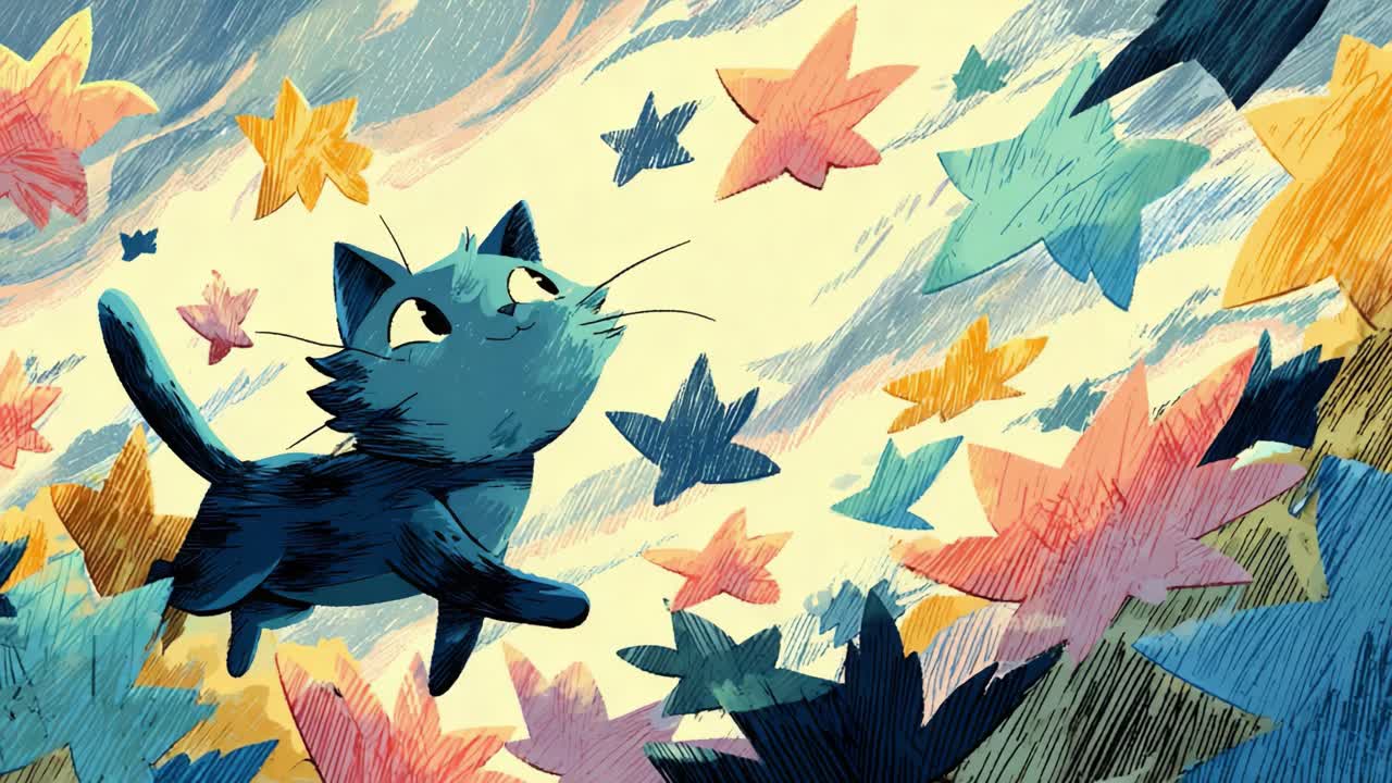 A Whimsical Cat Adventures Through a Colorful Sky Filled With Floating Stars, Capturing the Essence of Joy and Playfulness in a Dreamy Animation Style