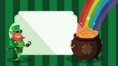 feliz día de san patricio animación con leprechaun y arco iris en caldero del tesoro