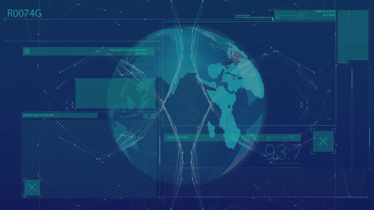 Animation of screen with globe, connections and data on blue background
