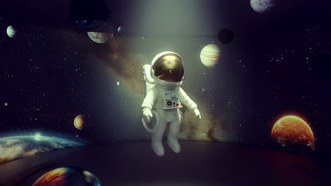 An astronaut in a room with space visuals