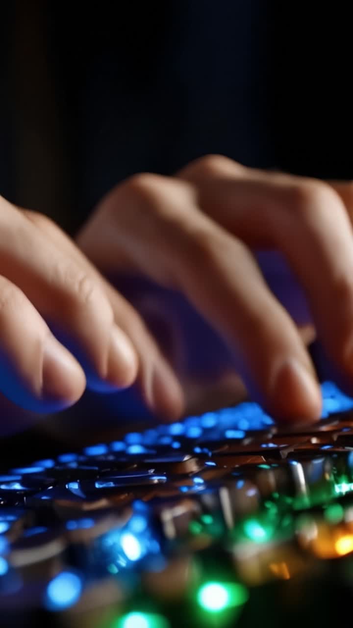 Nærbillede af hænder der spiller på et farverigt baggrundsbelyst tastatur, som fanger kompleksiteten ved at taste og æstetikken af moderne teknologi i mørke omgivelser.