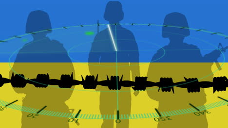 animation of radar, soldiers and barber wire over flag of ukraine