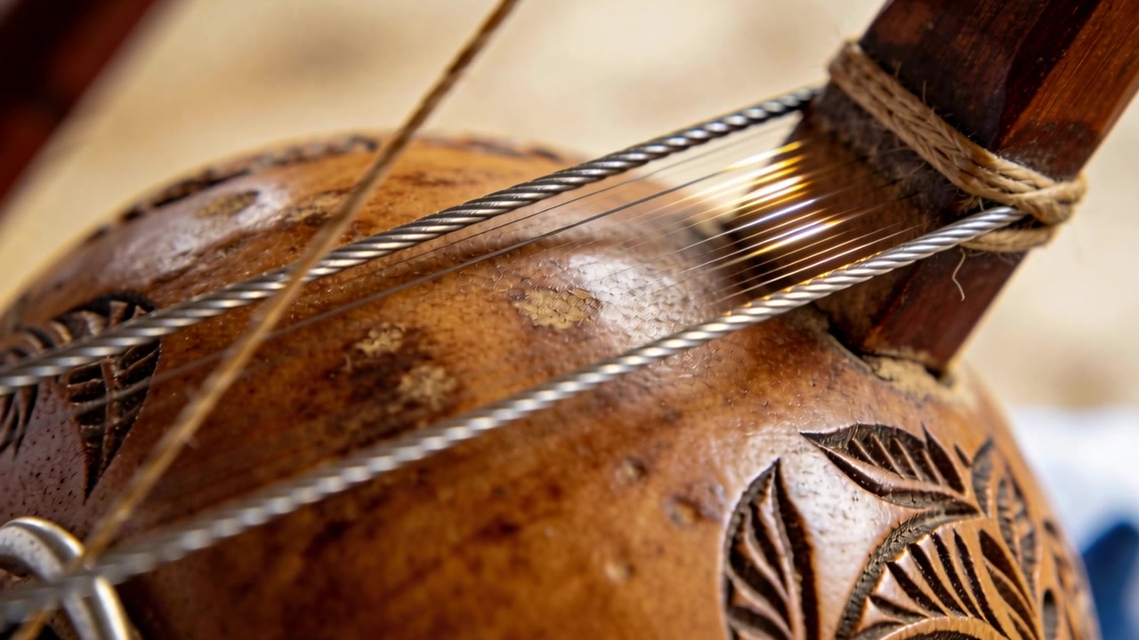 Un musicista fuori campo pizzica e accorda uno strumento a corpo di zucca su un tavolo, testando il tono con un motivo a foglia.