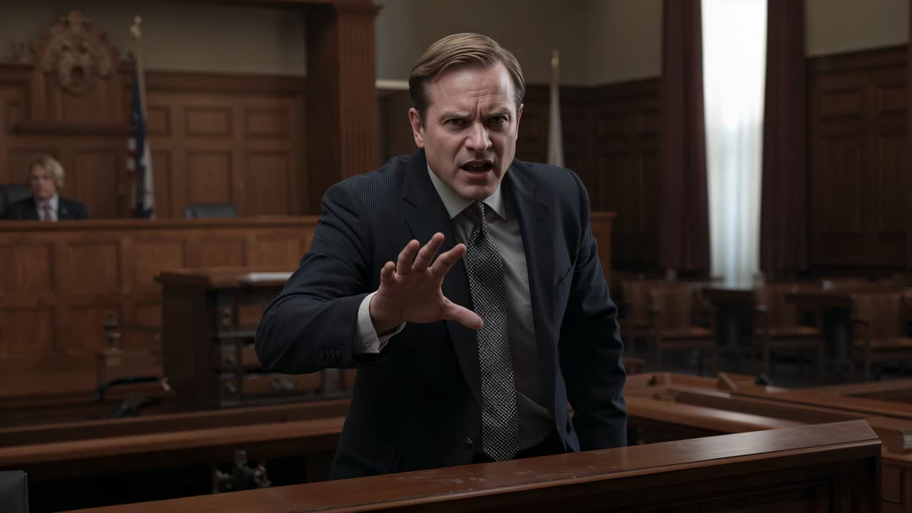 Raising right hand, lawyer in dark suit making urgent argument at counsel rail to persuade judge