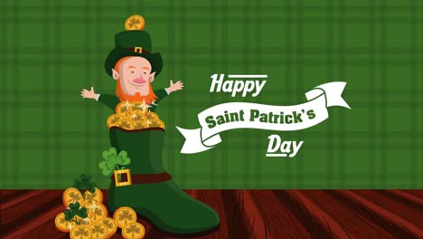feliz día de san patricio con letras con leprechaun en libros y monedas