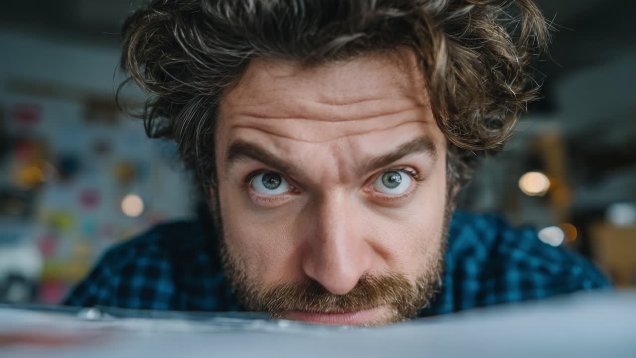 Intense Focus: A Close-Up Exploration of a Man with Expressive Eyes and Intriguing Curly Hair Engaged in Contemplation