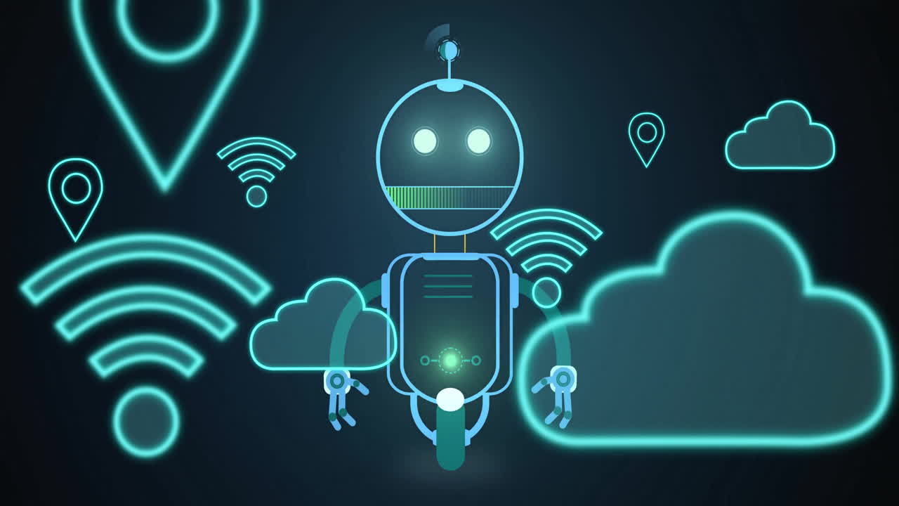 Robot with glowing eyes and cloud icons, futuristic technology animation
