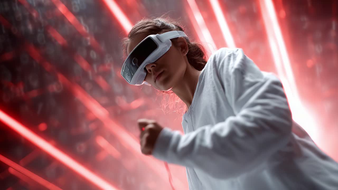 Immersive Virtual Reality Experience: A Person Engages with Cutting-Edge Technology Surrounded by Striking Red Laser Beams in a Futuristic Setting