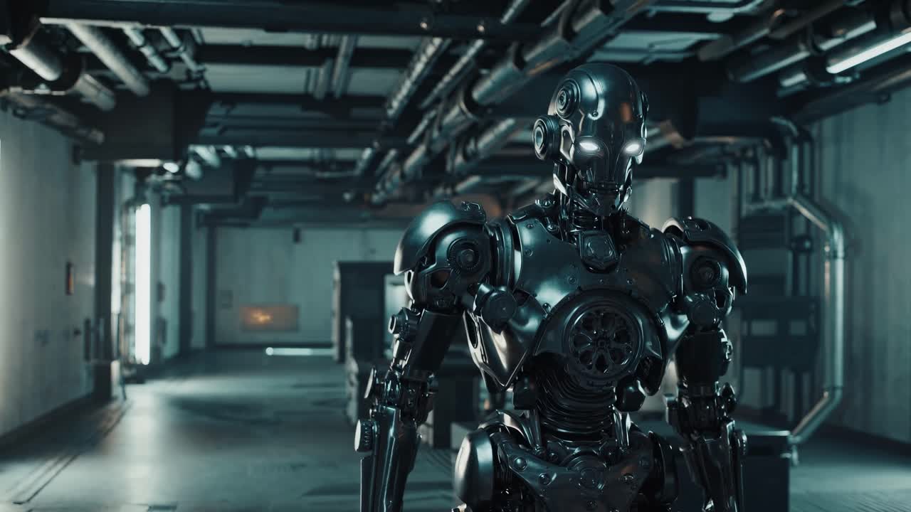 Un robot futuristico in un ambiente industriale scarsamente illuminato, ripreso da un’angolazione dal basso