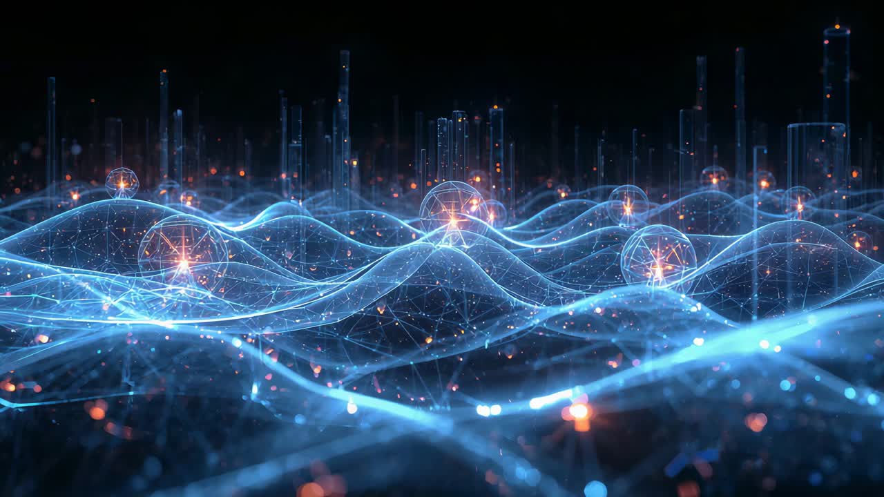 Shifting blue mesh across dark void as spheres brightening pooling energy and sending orange sparks