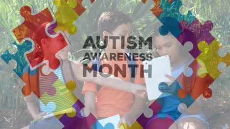 animation of puzzles falling over autism awareness month text and school children