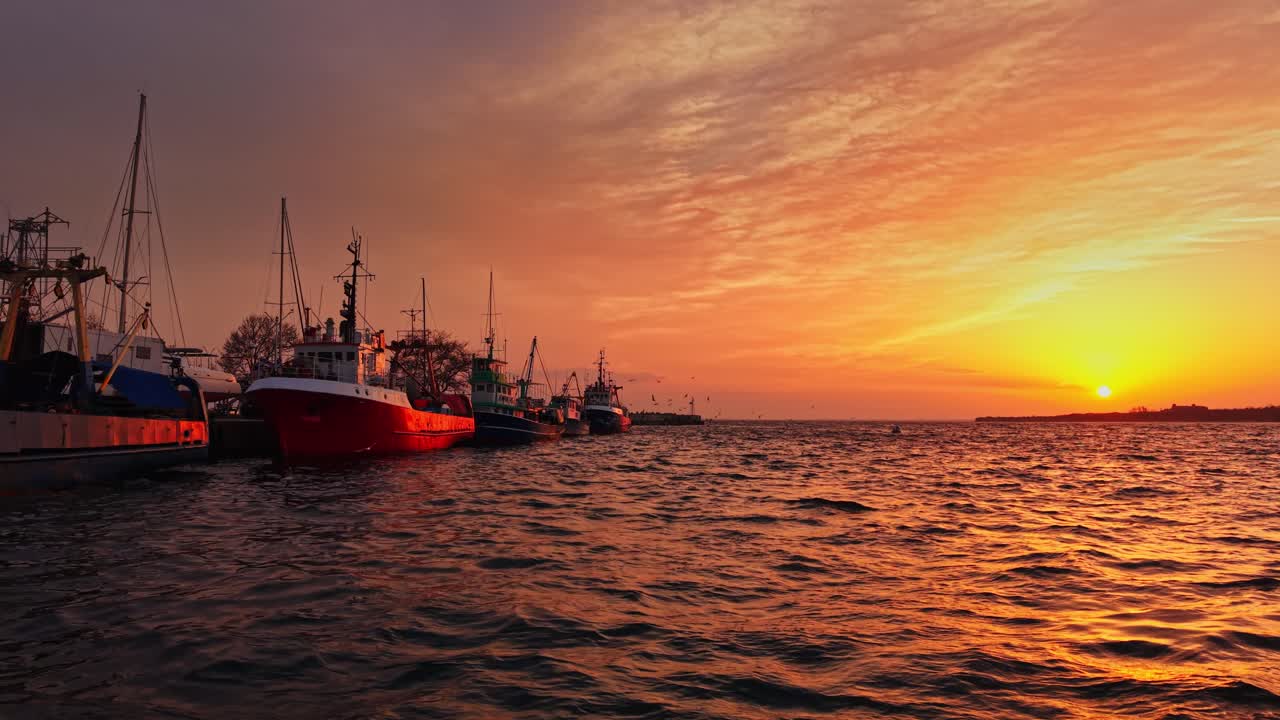 Sunset over the harbor in Nesebar, Bulgaria revealing fishing boats