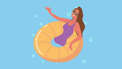 mujer relajándose en la animación de flotador amarillo