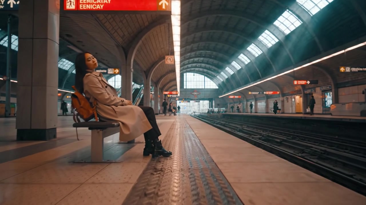 Et fredfyldt øjeblik på en travl togstation, hvor en ensom skikkelse roligt sidder og venter på næste ankomst midt i bylivets travlhed.