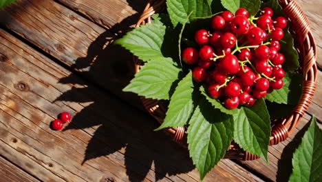 fresh red berries in a basket on a wooden table