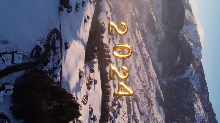 Numeri dorati del Capodanno 2024 in un luminoso paesaggio montano svizzero