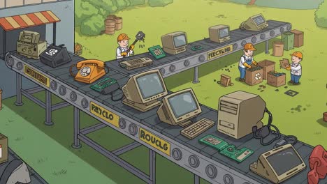 Workers Engaged in Electronics Recycling on a Conveyor Belt, Sorting Outdated Technology and Components for Environmentally Friendly Disposal and Reuse
