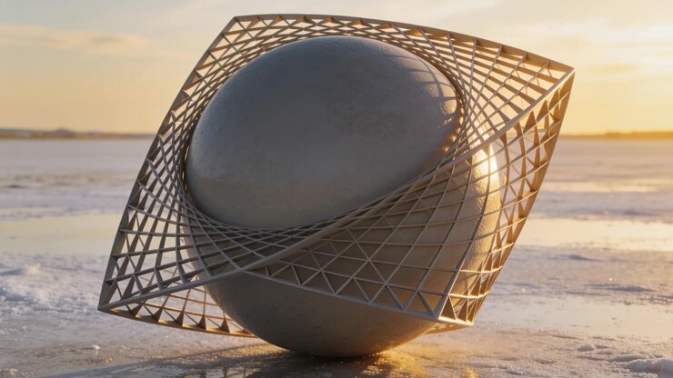 Reticolo rotante attorno a una sfera opaca che si sposta sulla riva bagnata mentre il sole cala, riflesso che si allunga
