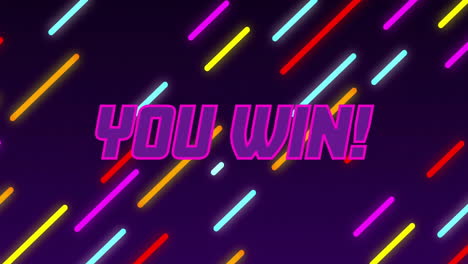 you win! text animation over colorful neon streaks on dark background