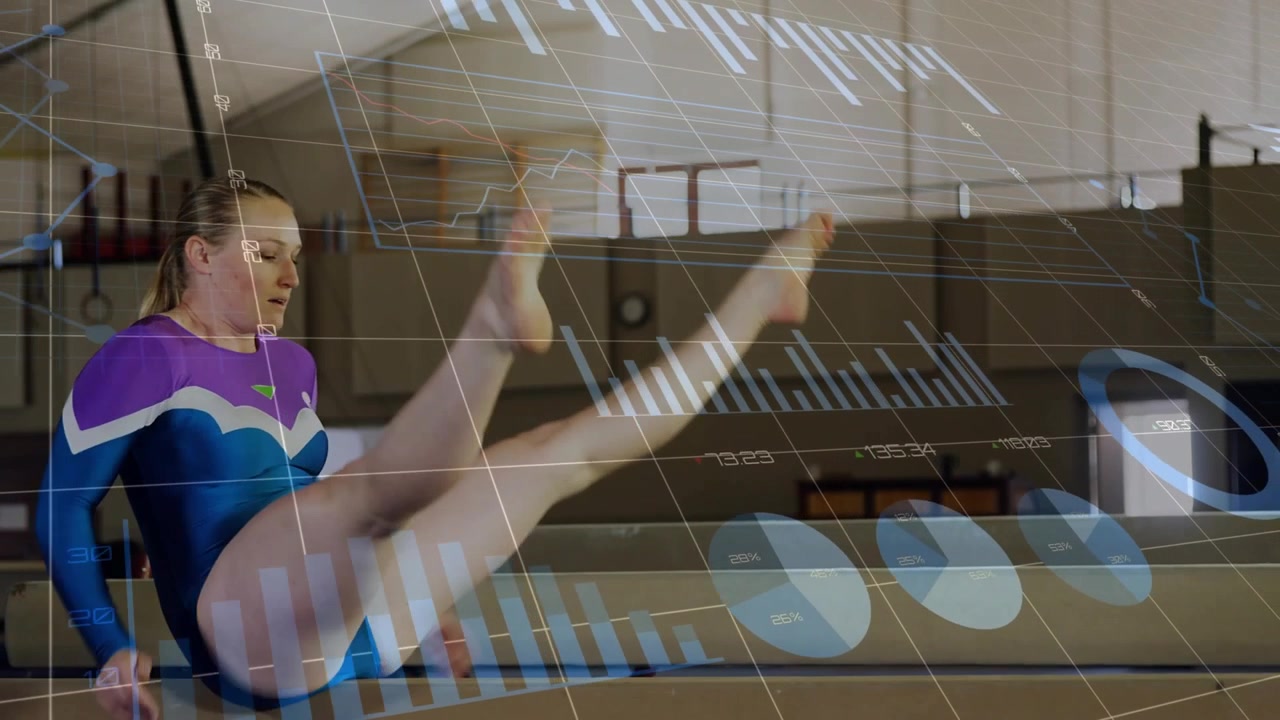 Woman gymnast from seated L-sit on beam, shifting into tuck for training while HUD tracking form