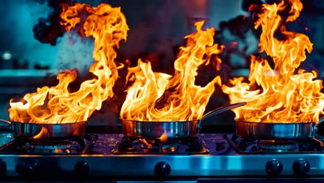 a stove top with two pots and pans on fire in a kitchen