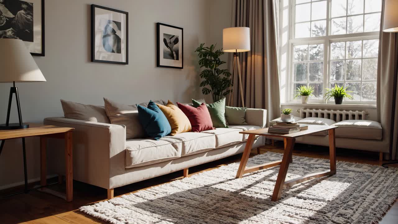 Cozy living room with modern decor, captured from a low angle